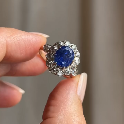 3.6CT oval cut blue gemstone with round gemstone sterling silver vintage engagement ring