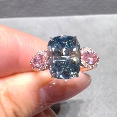 6.0ct Rose Gold Radiant Cut Blue and Triangle Cut Pink Three Gemstone Sterling Silver Ring