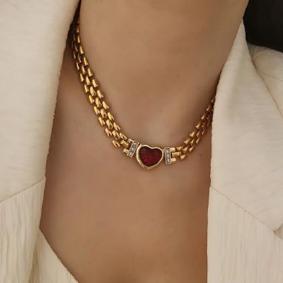 Vintage Light Luxury Strap Model Red Heart Glazed Necklace Gold-Plated Wide Chain Collarbone Chain