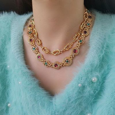 High Grade Sense Of Matte Hollowed Out Colorful Glazed Collarbone Chain French Retro Seven Colorful Round Card Collar