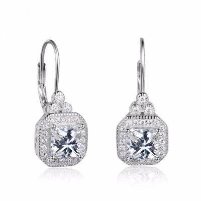 Sterling Silver Classic Halo Round With Princess Cut Drop Earrings