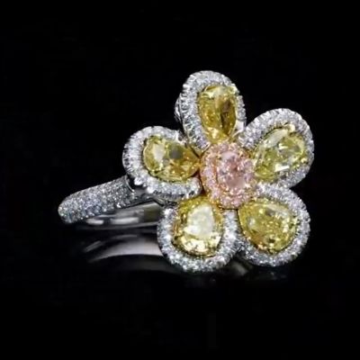 4CT One-of-a-kind Yellow Zircon Multicoloured Flower Cocktail Ring