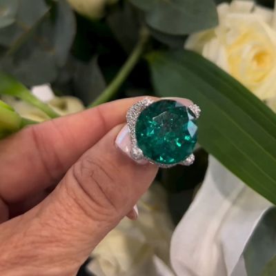 15.0 CT Stunning Cushion Cut Emerald Zircon Paved Vintage Engagement Ring