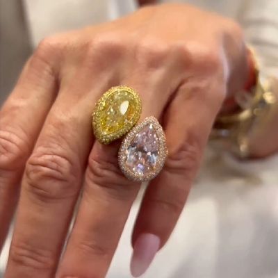 6.0CT Yellow And Pink Color Separation Double Pear Cut Zircon Ring 