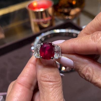 5.10 CT Cushion Cut Pinkish Red Ruby Zircon Ring 