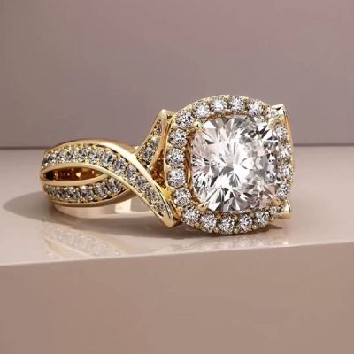 14k Yellow Gold Custom Cut Zircon Halo Engagement Ring