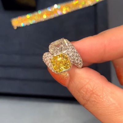 6.0CT Yellow And White Color Separation Double Asscher Cut Zircon Ring