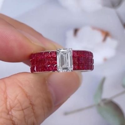 4.0CT Ruby and Emerald Cut Zircon Cocktail Ring