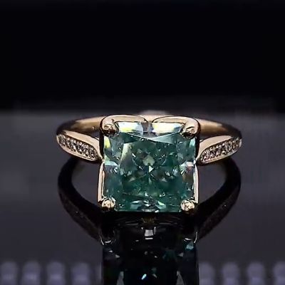 5.0 CT Cushion Cut Radiant Blue Green Zircon Ring 
