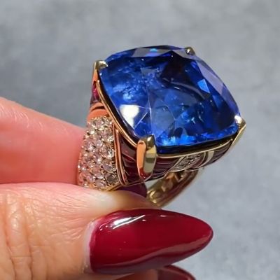 5.5Ct Cushion Blue Sapphire/Ruby Pinky Silver Ring 14K Yellow Gold Over