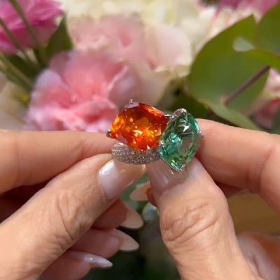 Asscher Cut Orange Sapphire And Green Toi Et Moi Ring
