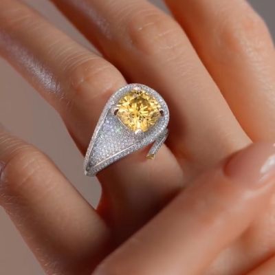 6.0CT Cushion Cut Shaped Yellow Zircon Engagement Ring
