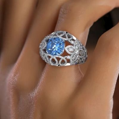 10.13CT Cushion Cut Natural Sky Blue And Zircon Cocktail Ring