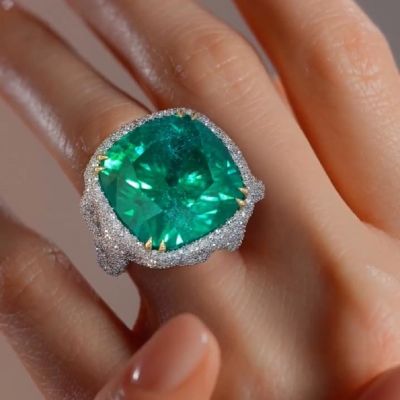 36 Carat Cushion Cut Natural Emerald Engagement Ring