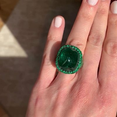 5.6CT Cabochon Green Oval Cut Women Sterling Silver Rings