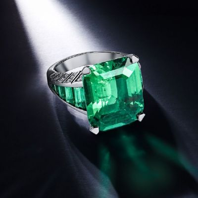 11.87 Carat Step Cut Cushion Shape Colombian Emerald Green Absolute Ring