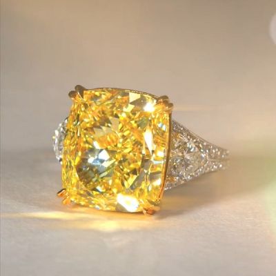 17.0 Carat Cushion Cut Yellow Zircon Ring With Two Hearts Side Stones