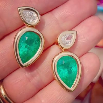 5.25 Carat Bezel Setting Pear Cut Emerald Drop Earrings