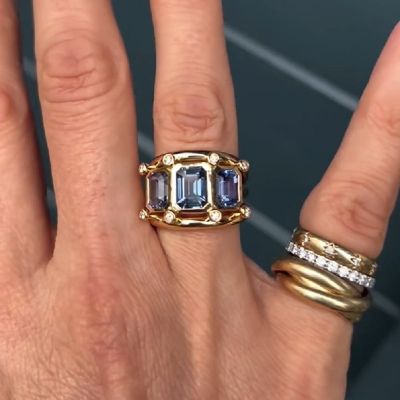 9.0 Carat Three Emerald Cut Stone Blue Sapphires Engagement Ring