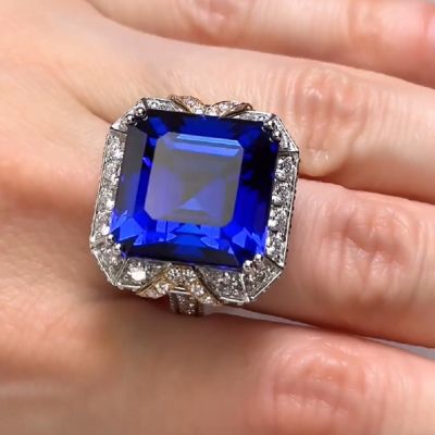 35.0 Carats Asscher Cut Sapphire Halo Engagement Ring