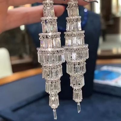 22.49 Carats Of White Baguette Zircon Earrings