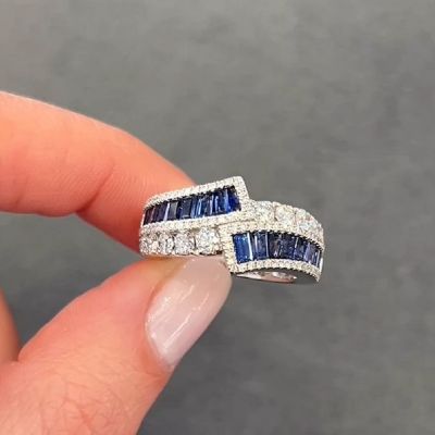 9.0 Carats White Gold Three Row Zircon & Blue Sapphire Ring