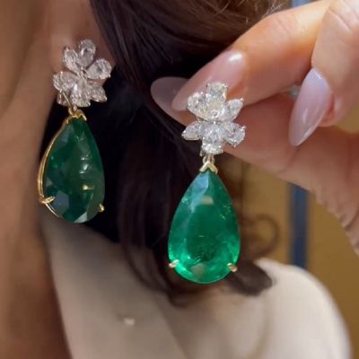 27.56 Carats Pair Of Emerald And Zircon Earrings