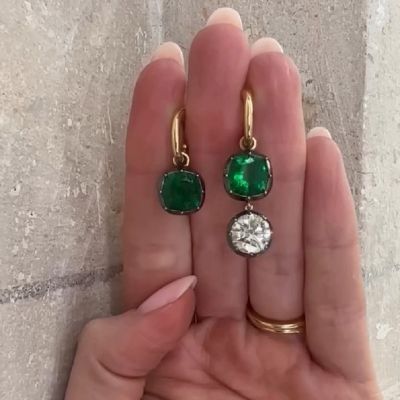 5.8 Carats Asymmetric Cushion Emerald & Zircon Gypset Hoop Earrings