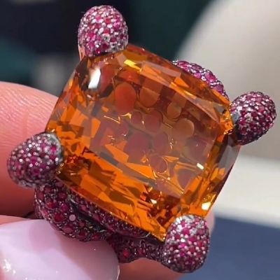 27.38 Carats Emerald Cut Amethyst Ruby New Age Ring