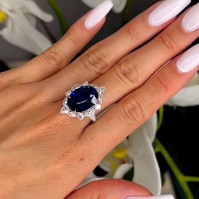 8.0 Carat Oval Cut Blue Sapphire Engagement Wedding Ring