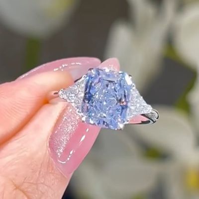 3.0 Carats Radiant Cut Three Stone Fancy Blue Zircon Ring