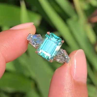 11.19 Carat Emerald Cut Blue Three Stone Engagement Ring