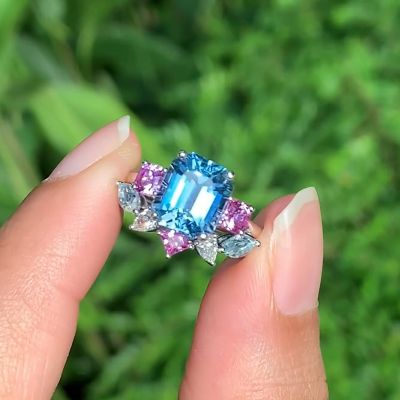 6.0 Carat Emerald Cut Aquamarine Multicolor Sapphire Wedding Ring Set