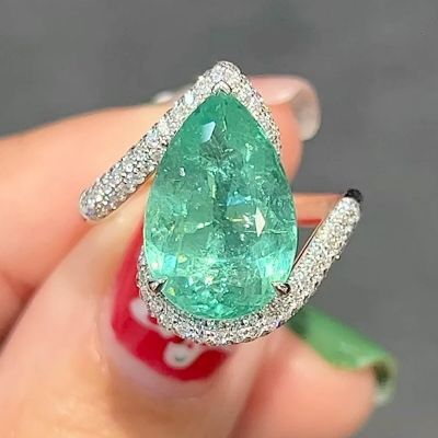 5.56CT Zircon Pear Shaped Bluish Green Band Style Engagement Ring