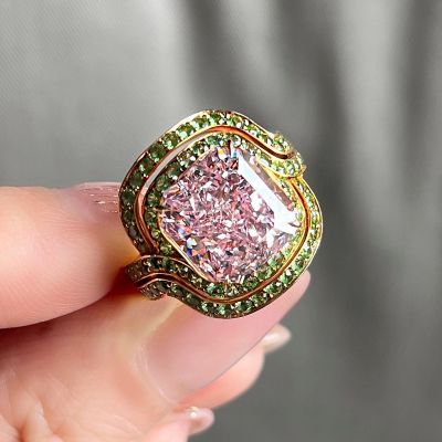 6.78 Carat Cushion Cut Fancy Intense Pink With Tsavorite Garnets Zircon Ring