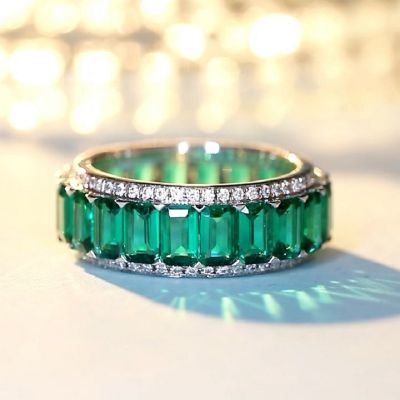 Real Emerald Octagon Zircon Eternity Band Ring Gold