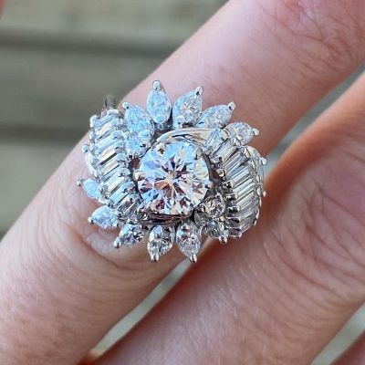 2.27 Carat Vintage Round Cut Zircon 18K White Gold Ballerina Ring