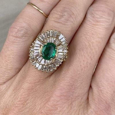 1.92Carat Vintage Genuine Oval Emerald Baguette Round Ballerina Zircon Ring