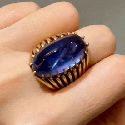 32.12Carat Vintage Raw Blue Sapphire Golden Brass Zircon Ring
