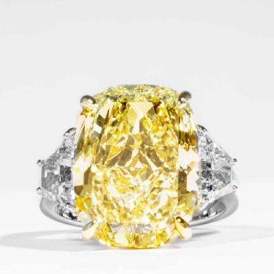 10.52 Carat Fancy Yellow Cushion Cut Canary Zircon 3-Stone Ring