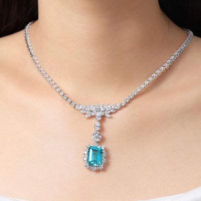  5.7 Carat Luxury Emerald Shaped Sapphire Zircon Necklace 