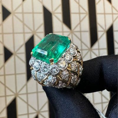 19.67 Carats Emerald Cut Colombian Emerald & Zircon Cross River Ring 