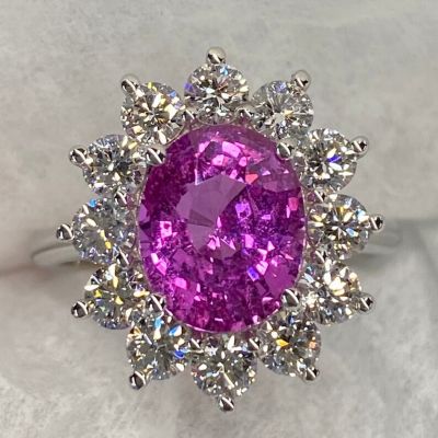 Gorgeous 3.5 CT Pink Sapphire Halo Princess Diana Oval Cut Zircon Platinum Ring 