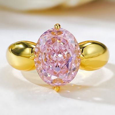 4CT Oval Zircon Pink 18K Gold Plated 925 Sterling Silver Women Ring Engagement Jewelry