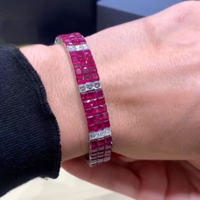 31.37ctw Princess Cut Ruby & White Sapphire Handmade Bracelet