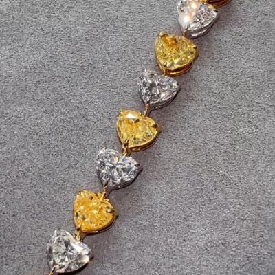 20ct Heart-Cut Yellow and White Zircon Sterling Silver Handmade Bracelet
