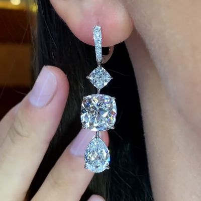 15ct Cushion And Pear Cut White Zircon Drop Earrings