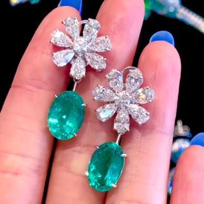 5.5ct Oval Cut Paraiba Tourmaline Flower Zircon Drop Earrings