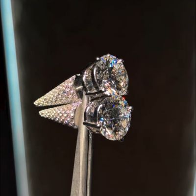 5ctw round cut Zircon main stone + small Zircon inlaid sterling silver handmade earrings