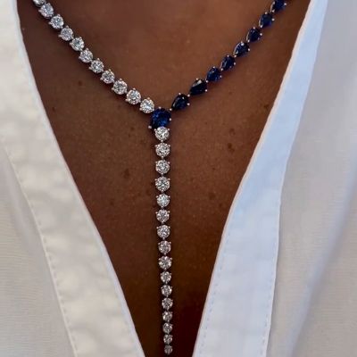 Pear and Round Cut White and Blue Sapphire Sterling Silver Handmade Statement Necklace